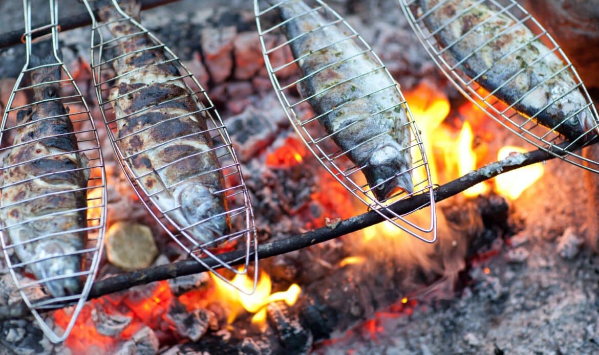 Grillen von Fisch auf dem Lagerfeuer