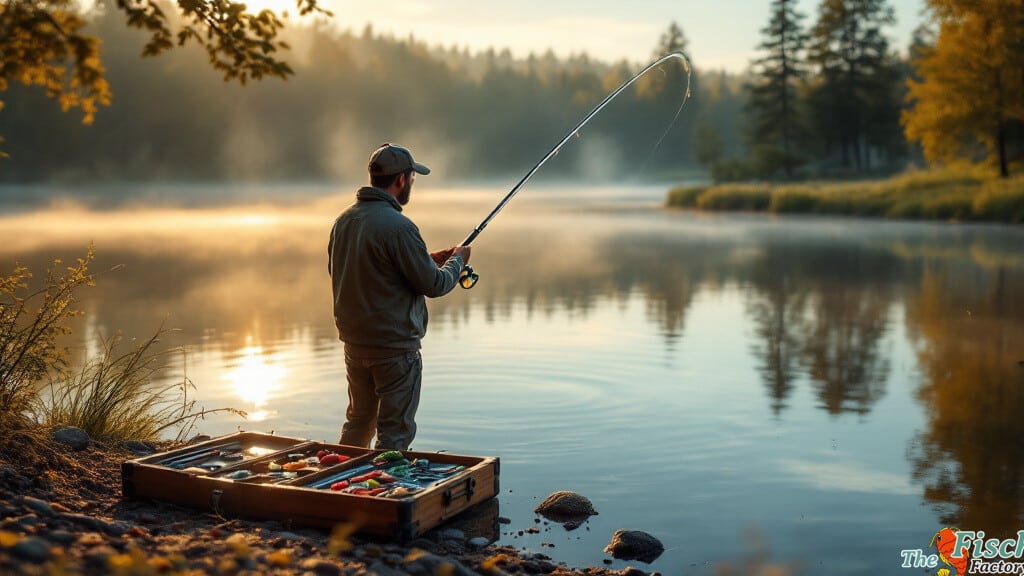 Angler beim Wurf in ruhiger Morgenstimmung am See