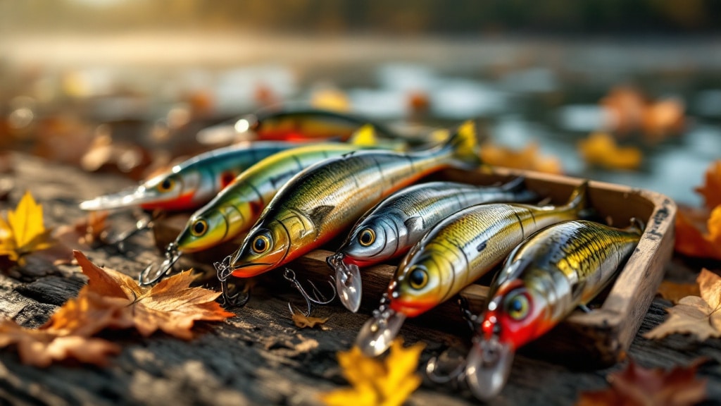 Bassköder für den Herbst auf Holzuntergrund