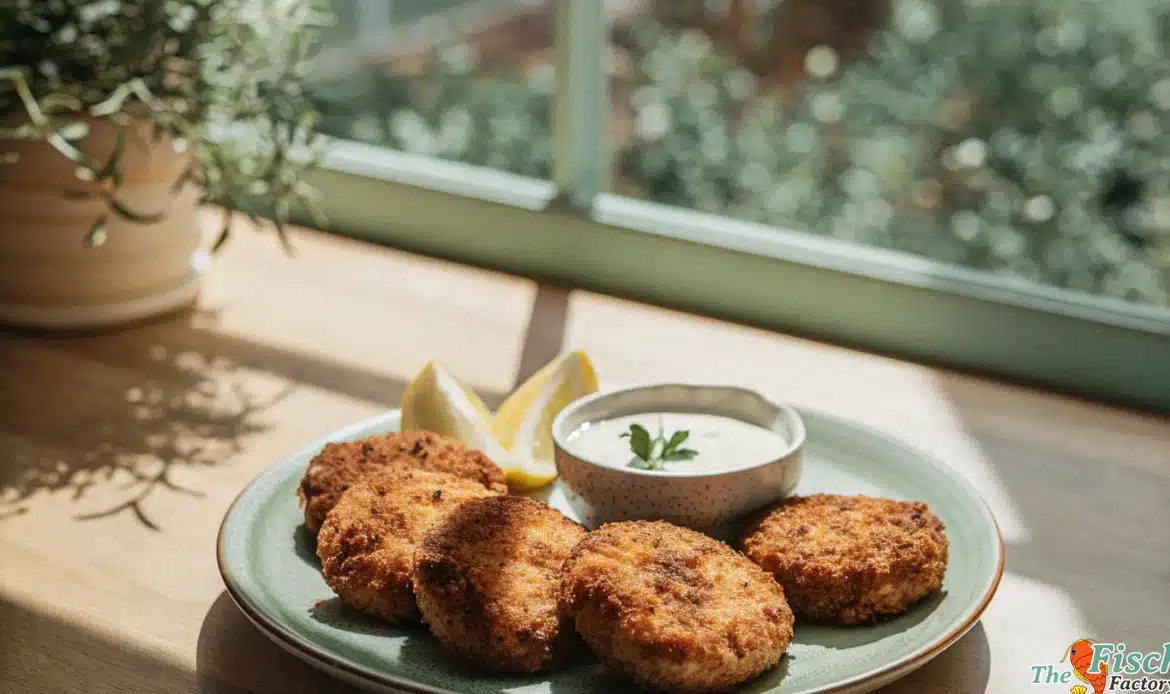 Goldbraune Fischfrikadellen mit Kräuter-Senf-Dip, Zitronenspalten und frischen Kräutern