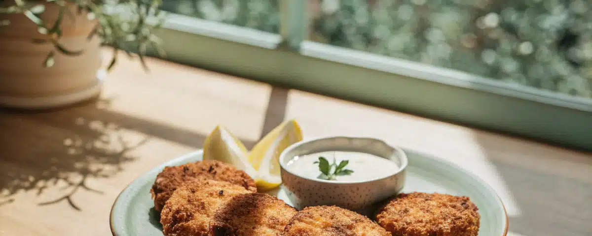 Goldbraune Fischfrikadellen mit Kräuter-Senf-Dip, Zitronenspalten und frischen Kräutern