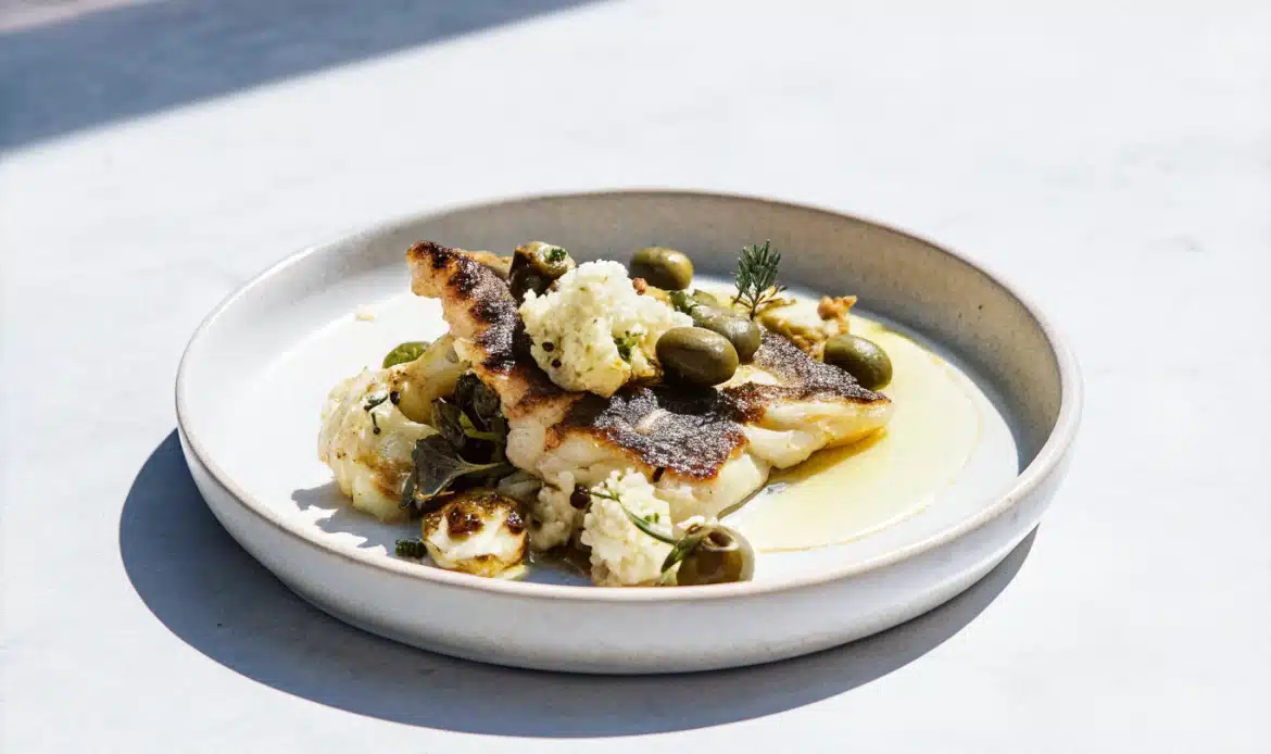Rotzungenfilets mit Blumenkohl, grünen Oliven, Kapern und Petersilie auf einem hellen Teller