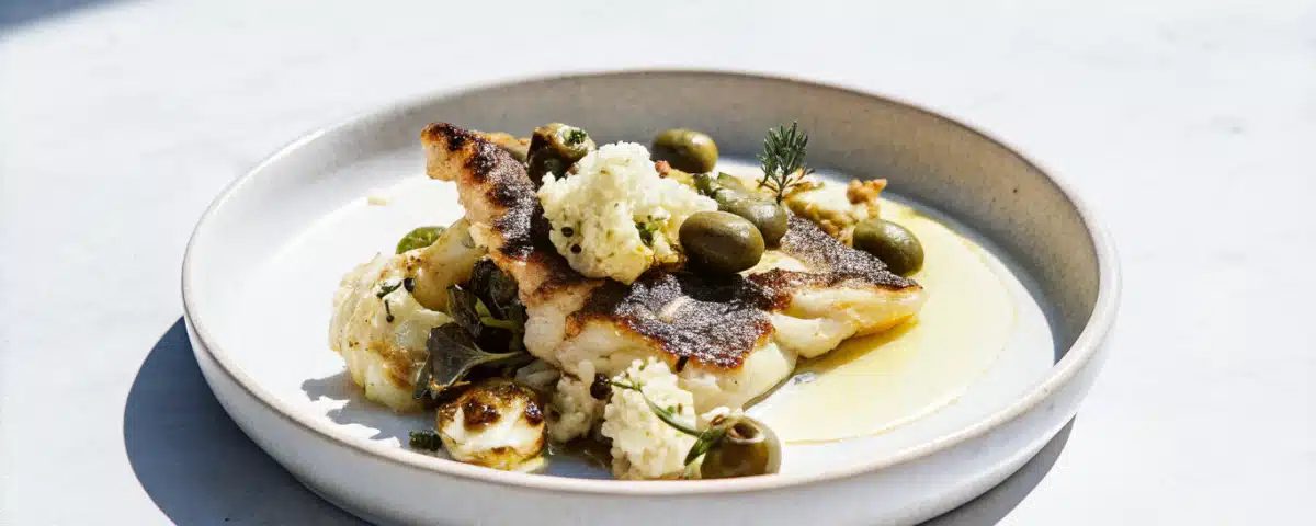 Rotzungenfilets mit Blumenkohl, grünen Oliven, Kapern und Petersilie auf einem hellen Teller