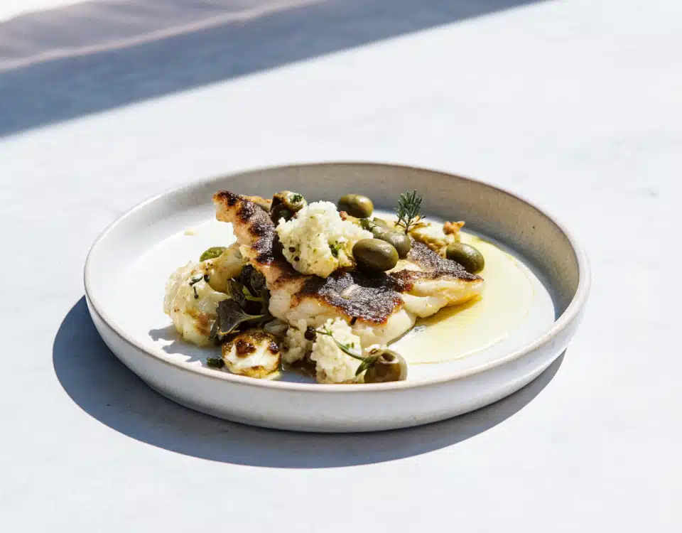 Rotzungenfilets mit Blumenkohl, grünen Oliven, Kapern und Petersilie auf einem hellen Teller