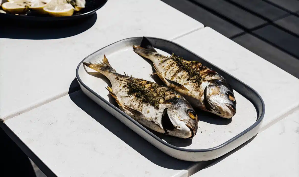 Gegrillte Doraden mit Zitronenscheiben und Kräutern auf einer Servierplatte