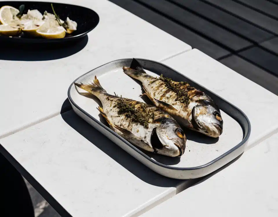 Gegrillte Doraden mit Zitronenscheiben und Kräutern auf einer Servierplatte