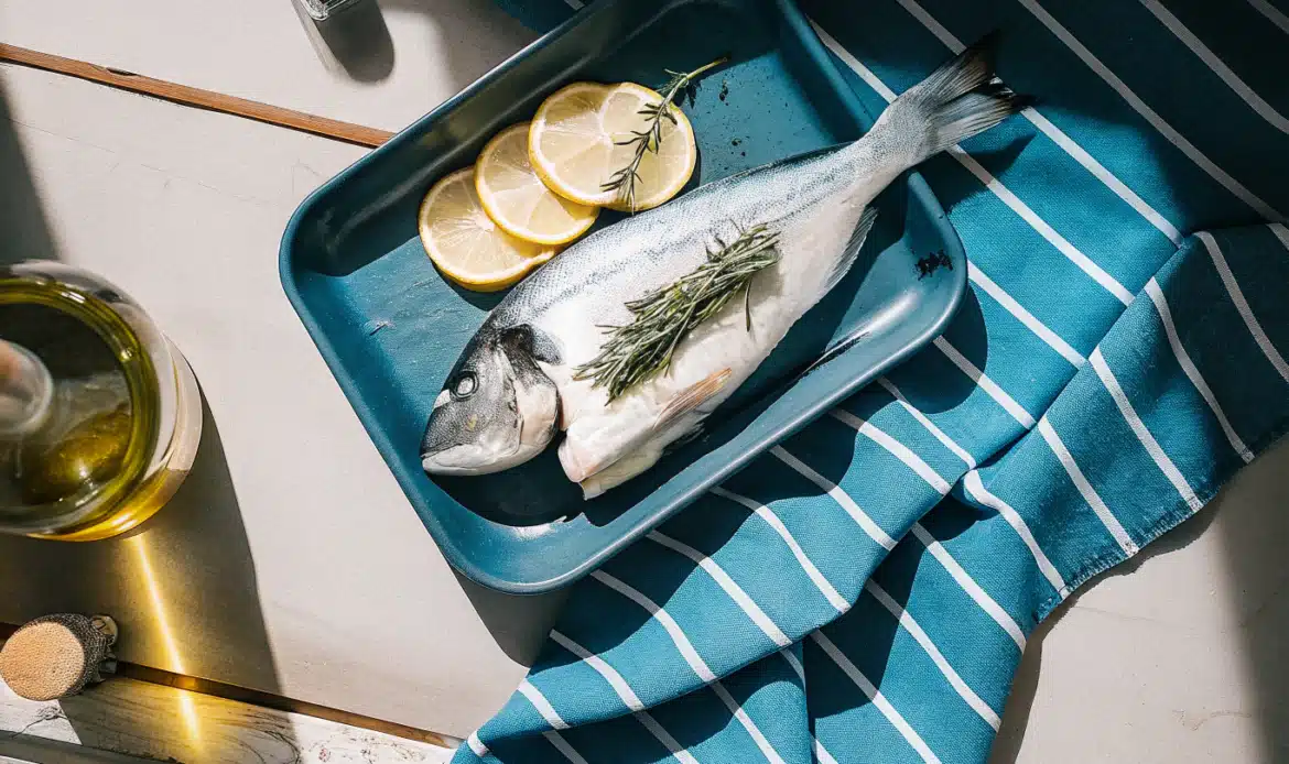 Küchenfertige Dorade mit Zitrone, Knoblauch und Kräutern auf einem Brett