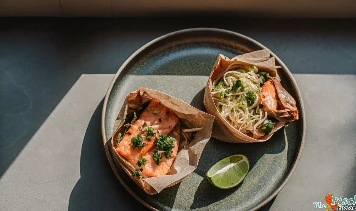 Gebackener Lachs auf Reisnudeln mit Erbsen, Frühlingszwiebeln, Koriander und Limette
