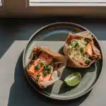 Gebackener Lachs auf Reisnudeln mit Erbsen, Frühlingszwiebeln, Koriander und Limette