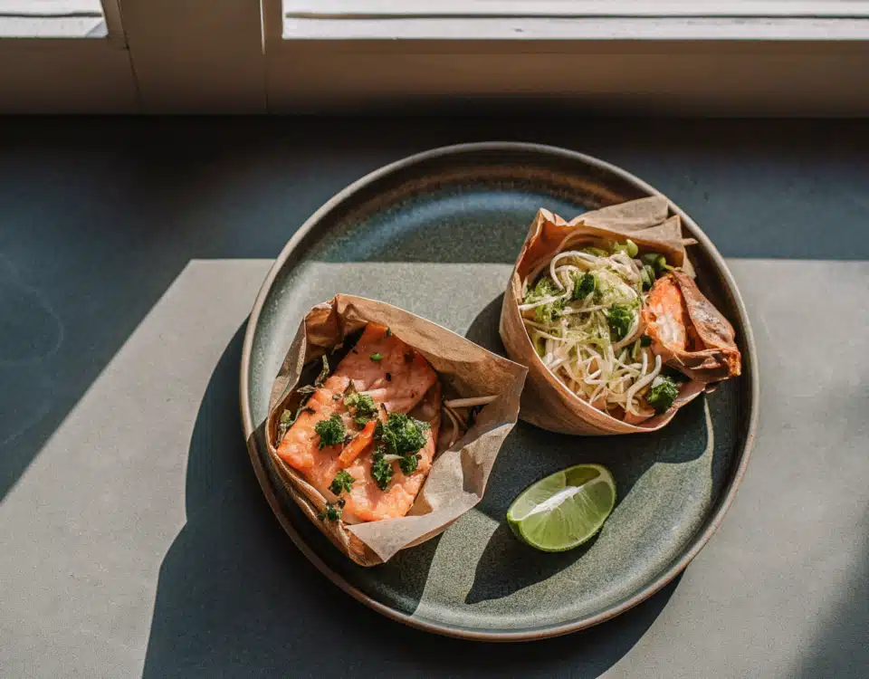 Gebackener Lachs auf Reisnudeln mit Erbsen, Frühlingszwiebeln, Koriander und Limette