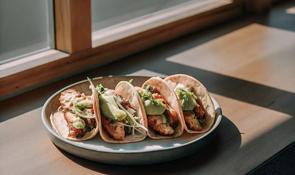 Cajun-Fisch-Tacos mit Avocado, Salat, Salsa und cremiger Zitronensauce auf einem Teller