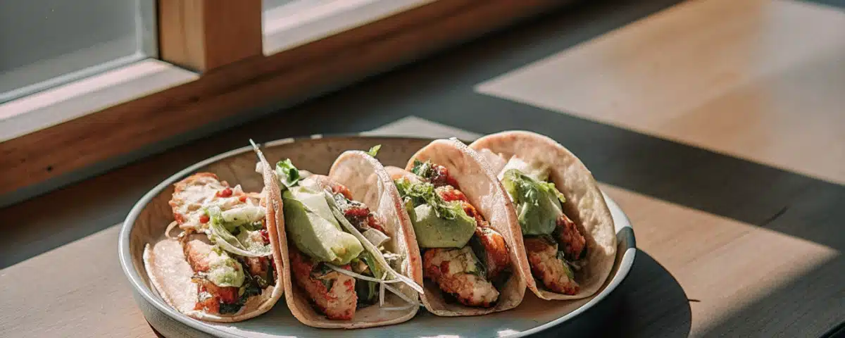 Cajun-Fisch-Tacos mit Avocado, Salat, Salsa und cremiger Zitronensauce auf einem Teller