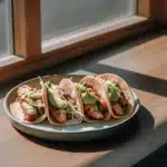 Cajun-Fisch-Tacos mit Avocado, Salat, Salsa und cremiger Zitronensauce auf einem Teller
