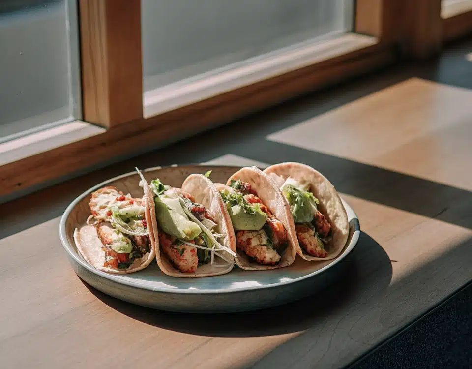 Cajun-Fisch-Tacos mit Avocado, Salat, Salsa und cremiger Zitronensauce auf einem Teller