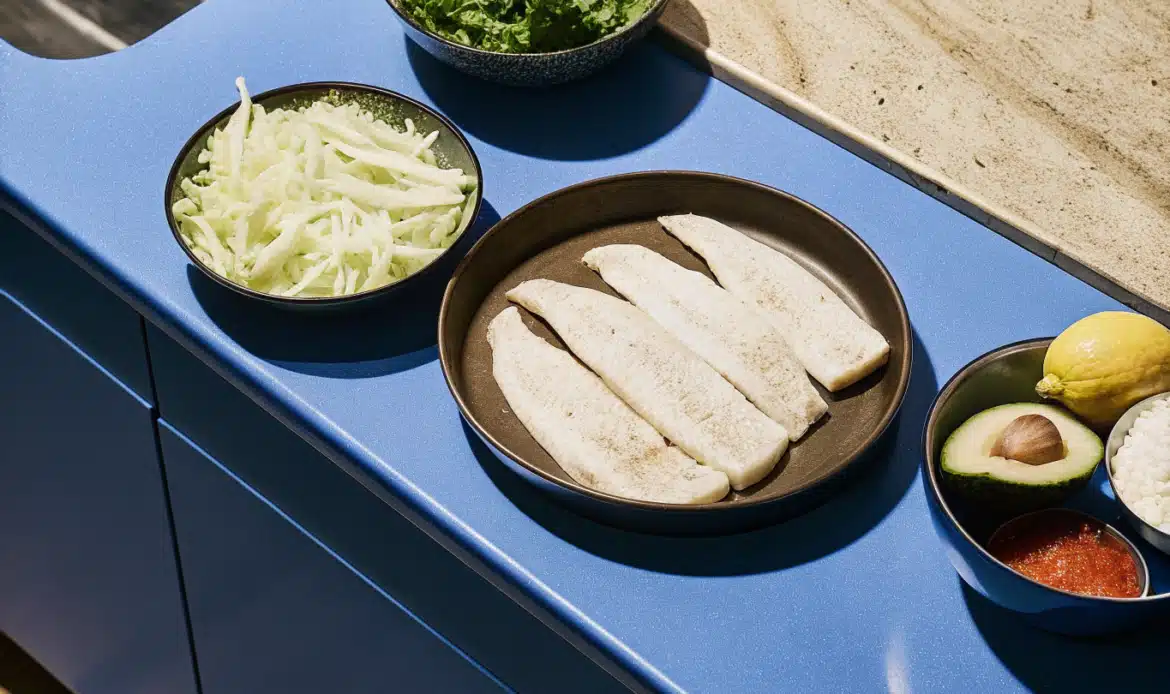 Zutaten für Fisch-Tacos mit gewürzten Fischfilets, Tortillas, Gemüse, Salsa und Sauerrahm