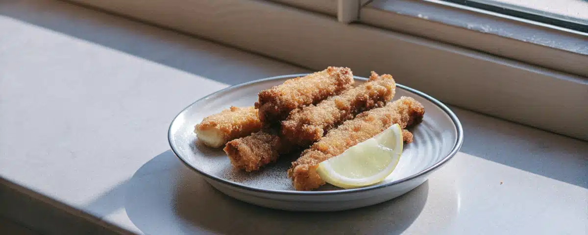 Goldbraune Fischstäbchen aus Kabeljau mit Pankopanade und Zitronenspalten auf einem weißen Teller