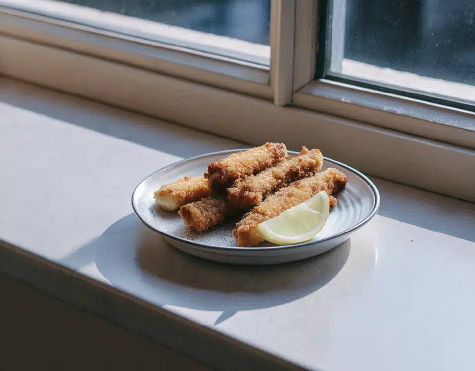 Goldbraune Fischstäbchen aus Kabeljau mit Pankopanade und Zitronenspalten auf einem weißen Teller