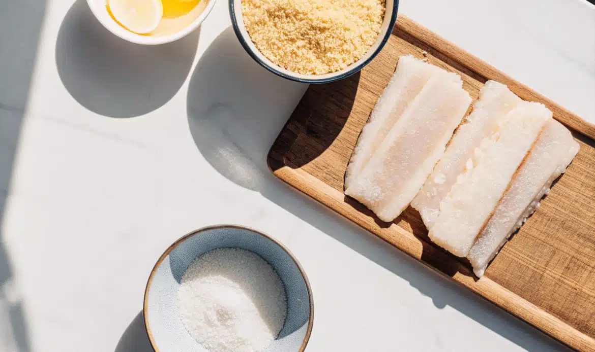Kabeljaustreifen, Ei, Mehl, Panko und Zitrone für selbst gemachte Fischstäbchen auf der Arbeitsfläche
