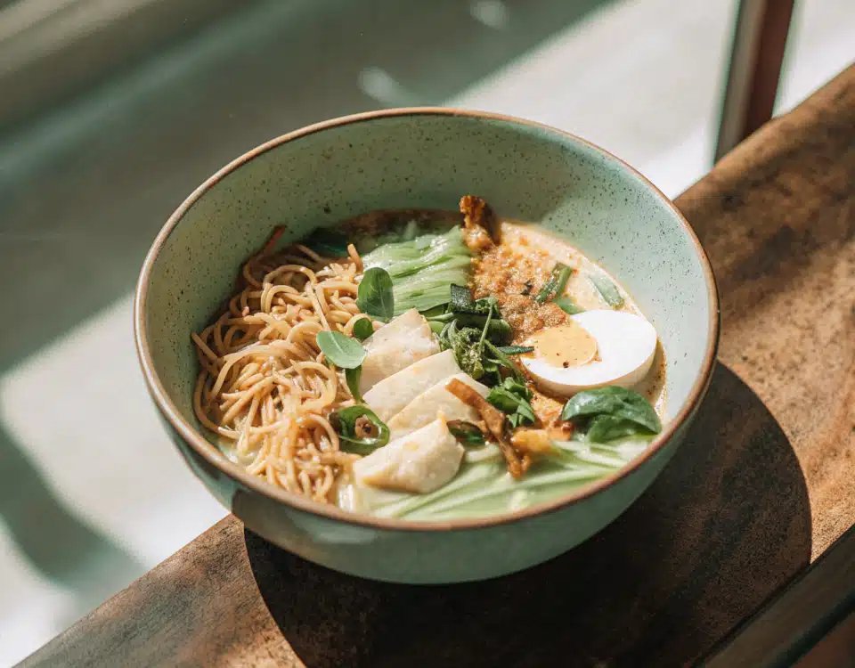 Kokos-Curry-Ramen mit Seelachs, Garnelen, Spinat, Koriander und Röstzwiebeln in einer Suppenschale