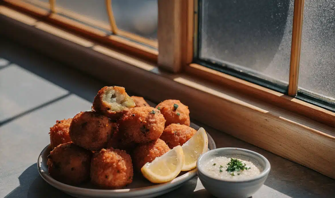 Goldbraune Fischbällchen mit Petersilie, Zitronenspalten und Dip auf einem Keramikteller