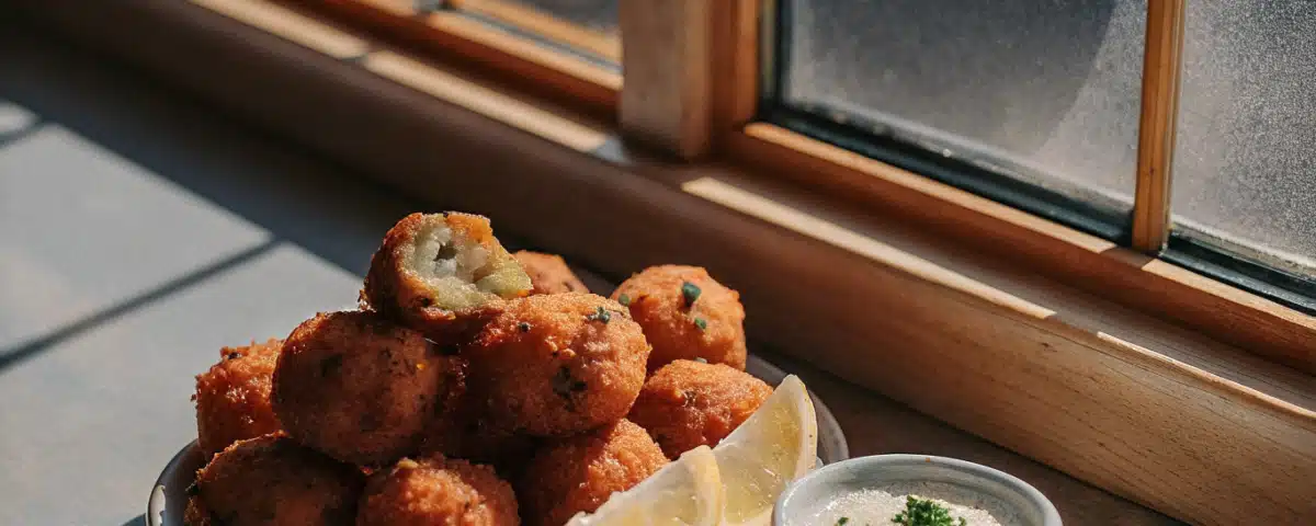 Goldbraune Fischbällchen mit Petersilie, Zitronenspalten und Dip auf einem Keramikteller