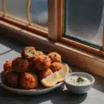 Goldbraune Fischbällchen mit Petersilie, Zitronenspalten und Dip auf einem Keramikteller
