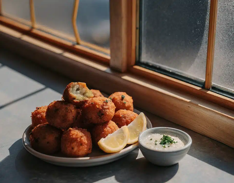 Goldbraune Fischbällchen mit Petersilie, Zitronenspalten und Dip auf einem Keramikteller