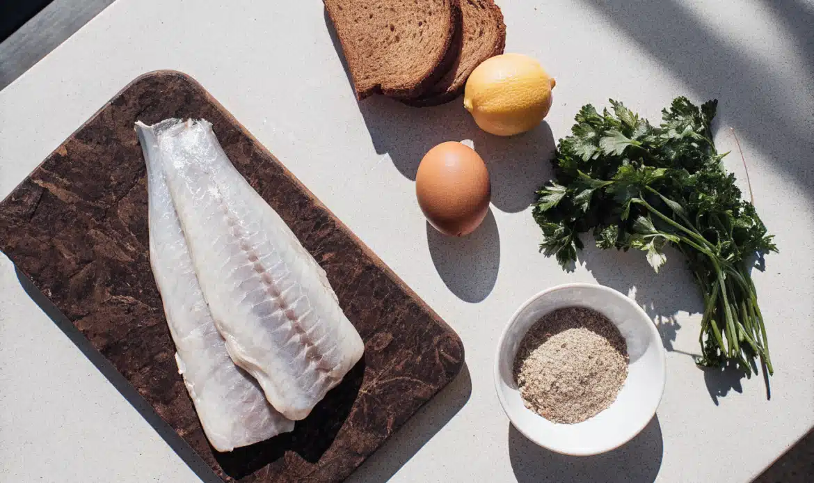 Fischfilet, Weißbrot, Petersilie, Zitrone und weitere Zutaten für Fischbällchen auf einer Arbeitsfläche