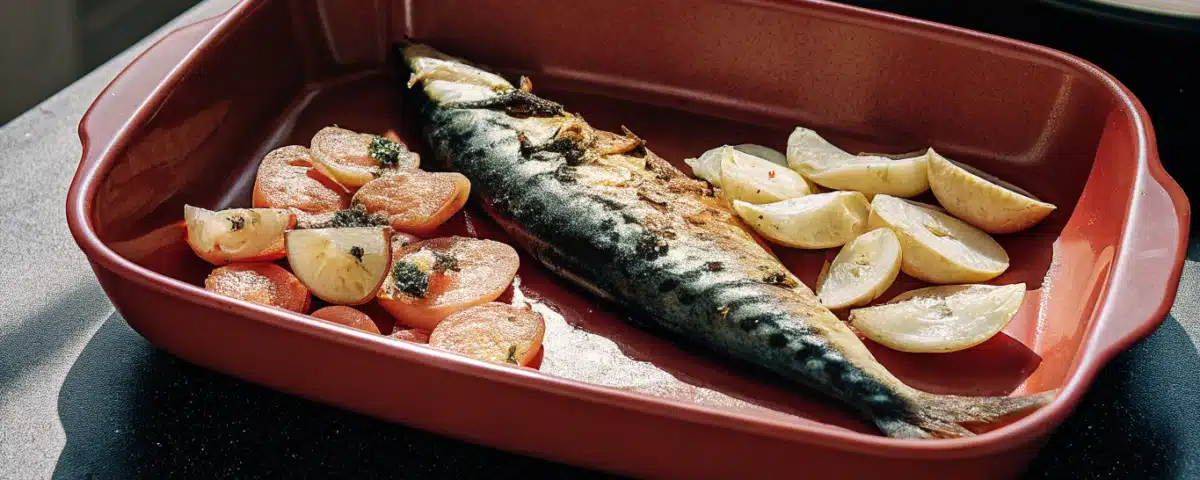 Ofenmakrele mit Zitronenscheiben, Petersilie und goldbraunen Bratkartoffeln auf einem Teller