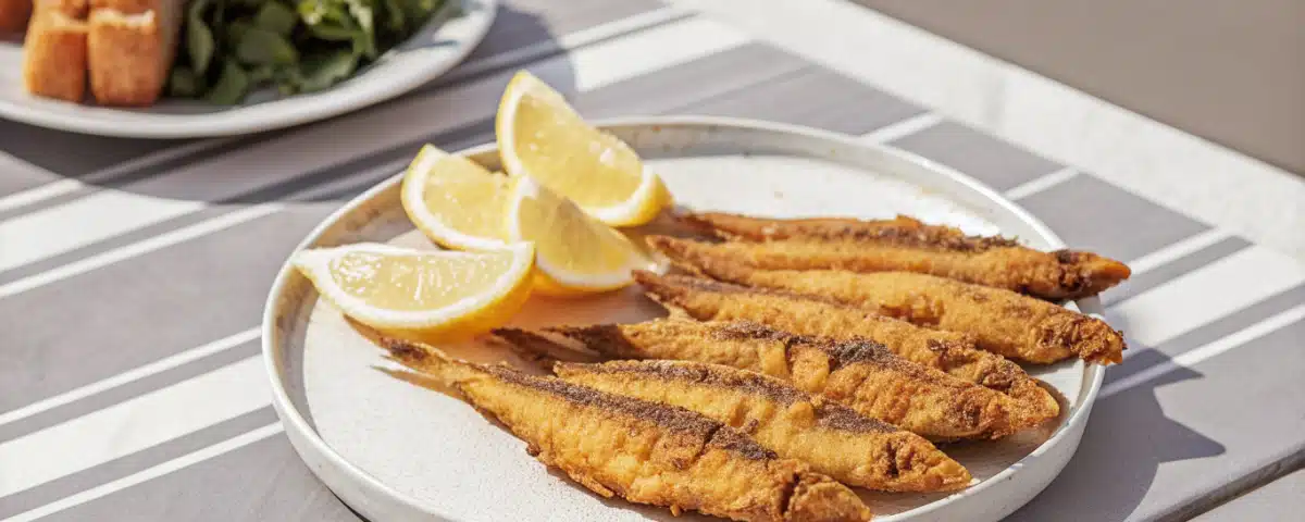 Goldbraun frittierte Sardinen mit Zitronenspalten auf einem Teller
