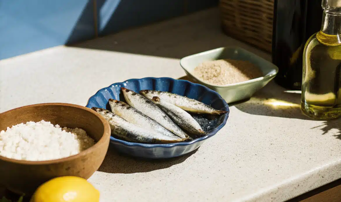 Frische Sardinen mit Mehl, Salz, Zitrone und Pflanzenöl auf einer Arbeitsfläche