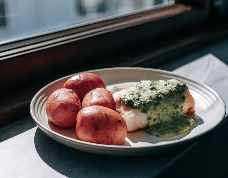 Pochiertes Kabeljaufilet mit grüner Senf-Petersilien-Sauce und Salzkartoffeln