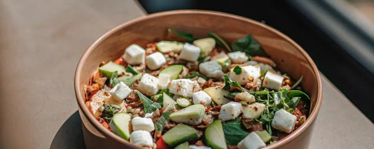 Mediterraner Reissalat mit Mozzarella, Avocado, Blattsalat, Kräutern und Pinienkernen in einer Schale
