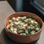 Mediterraner Reissalat mit Mozzarella, Avocado, Blattsalat, Kräutern und Pinienkernen in einer Schale