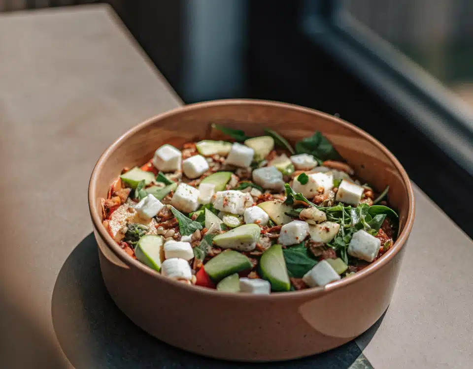 Mediterraner Reissalat mit Mozzarella, Avocado, Blattsalat, Kräutern und Pinienkernen in einer Schale