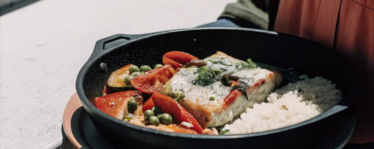 Seelachs mit Paprika und Erbsen in cremiger Sauce, serviert mit Langkornreis