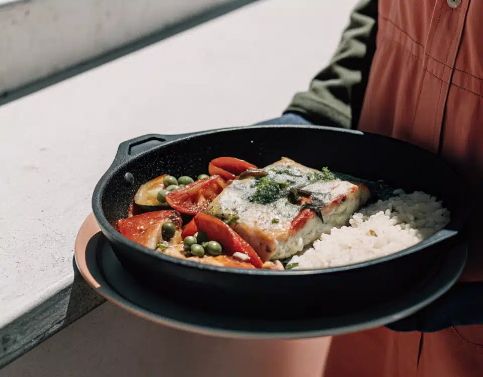 Seelachs mit Paprika und Erbsen in cremiger Sauce, serviert mit Langkornreis