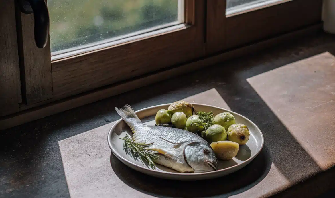 Gebackene Dorade mit kleinen Kartoffeln, Rosmarin, Knoblauch und Zitrone auf einem Teller
