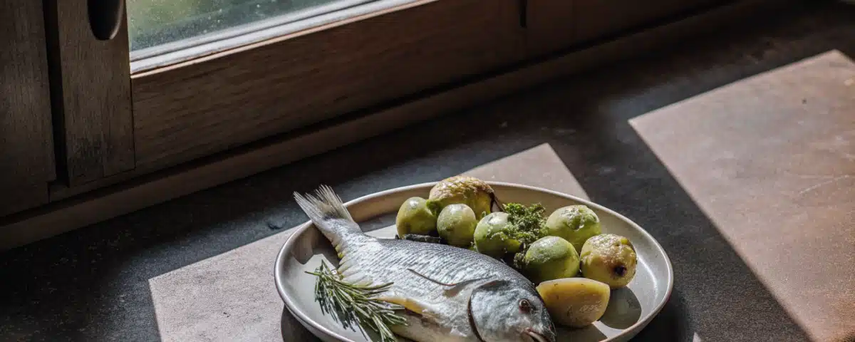 Gebackene Dorade mit kleinen Kartoffeln, Rosmarin, Knoblauch und Zitrone auf einem Teller
