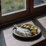 Gebackene Dorade mit kleinen Kartoffeln, Rosmarin, Knoblauch und Zitrone auf einem Teller