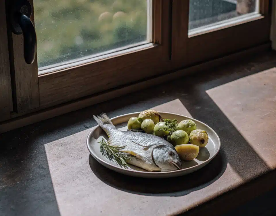 Gebackene Dorade mit kleinen Kartoffeln, Rosmarin, Knoblauch und Zitrone auf einem Teller