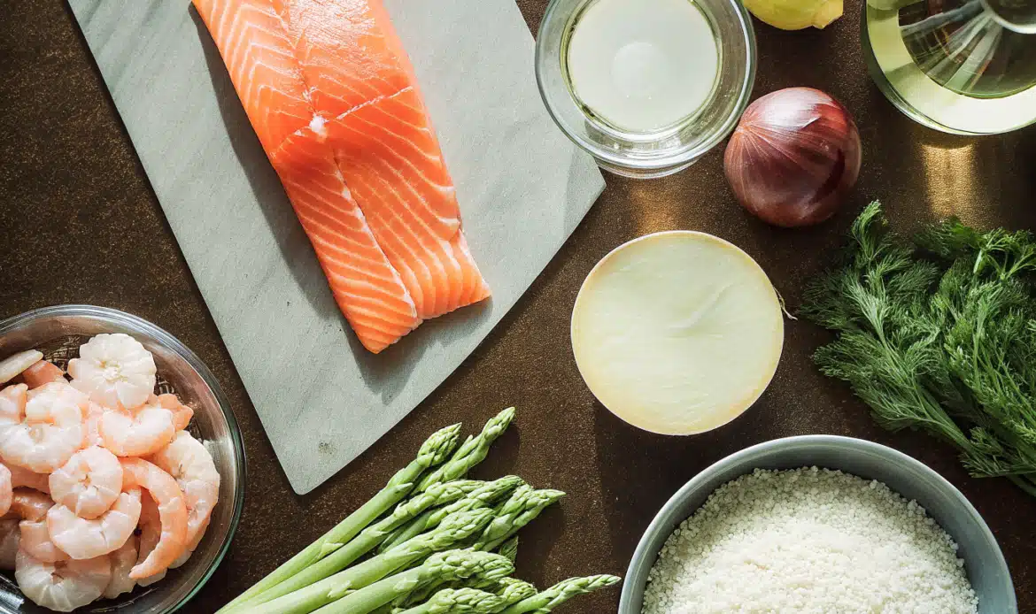 Zutaten für Lachs-Risotto mit Garnelen und Spargel auf einer hellen Arbeitsfläche