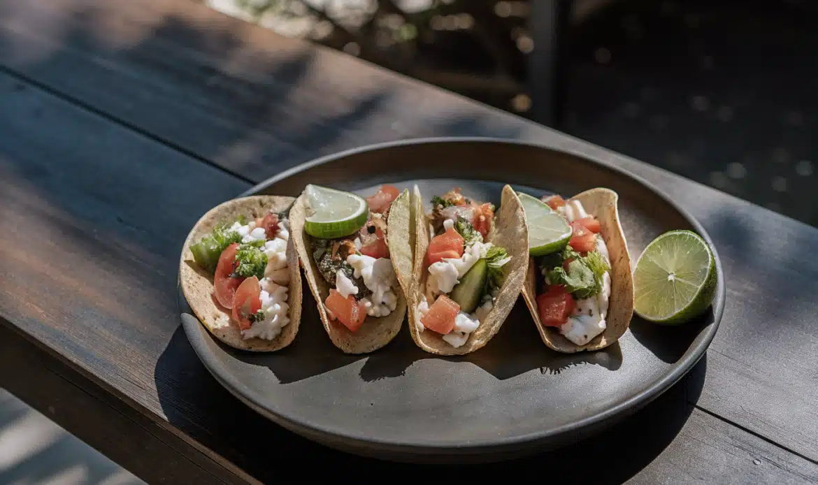 Fisch-Tacos mit goldbraunem Fisch, Grapefruit-Mango-Salsa und Limettendip auf einem Teller