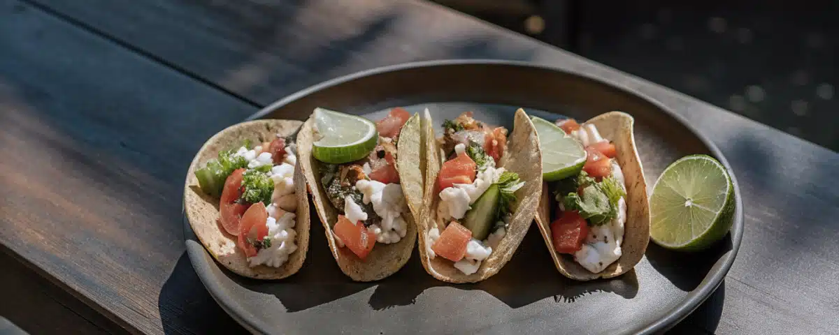 Fisch-Tacos mit goldbraunem Fisch, Grapefruit-Mango-Salsa und Limettendip auf einem Teller