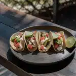 Fisch-Tacos mit goldbraunem Fisch, Grapefruit-Mango-Salsa und Limettendip auf einem Teller