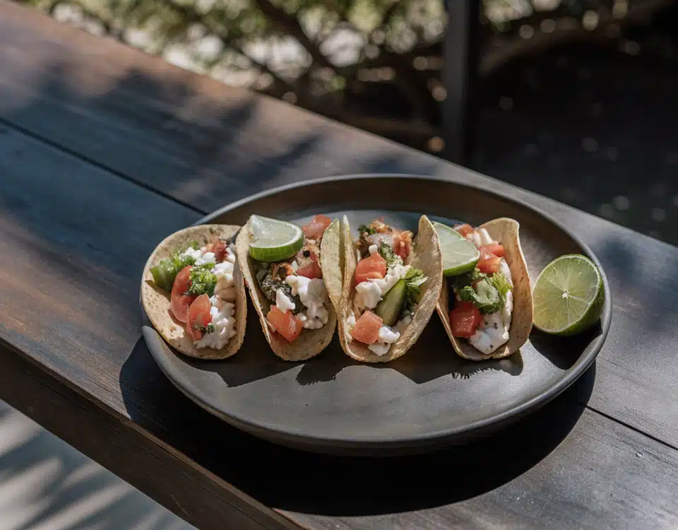 Fisch-Tacos mit goldbraunem Fisch, Grapefruit-Mango-Salsa und Limettendip auf einem Teller