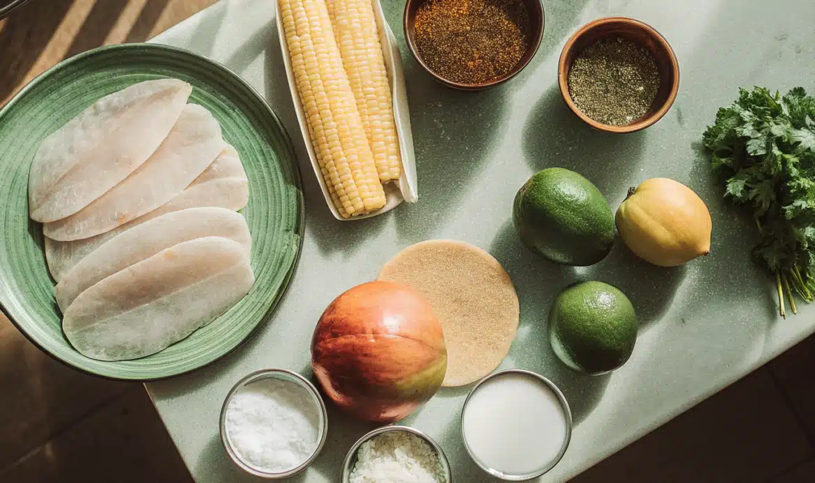 Zutaten für Fisch-Tacos mit Fischfilet, Maistortillas, Grapefruit, Mango, Avocado und Gewürzen